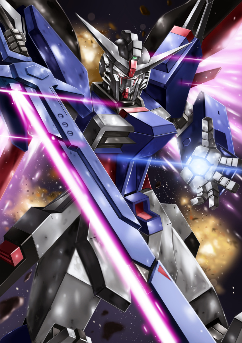 asaba_naoto battle beam_sword commentary destiny_gundam_spec_ii energy_sword energy_wings explosion glowing glowing_hand gundam gundam_seed gundam_seed_freedom highres holding holding_sword holding_weapon light_particles looking_at_viewer mecha mobile_suit no_humans reverse_grip robot science_fiction solo space sword upper_body v-fin weapon white_eyes