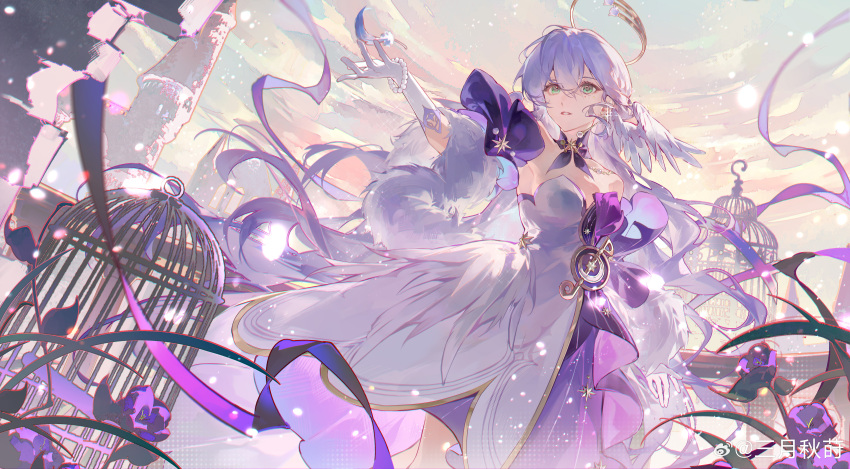 1girl absurdres aqua_eyes bare_shoulders bead_bracelet beads birdcage bracelet cage detached_sleeves dress earrings feather_boa floating_hair flower gloves hair_between_eyes halo hand_up head_wings highres honkai:_star_rail honkai_(series) jewelry long_hair looking_to_the_side outdoors parted_lips purple_dress purple_flower purple_hair robin_(honkai:_star_rail) sanyue_qiushi short_sleeves standing two-tone_dress white_dress white_gloves white_wings wings