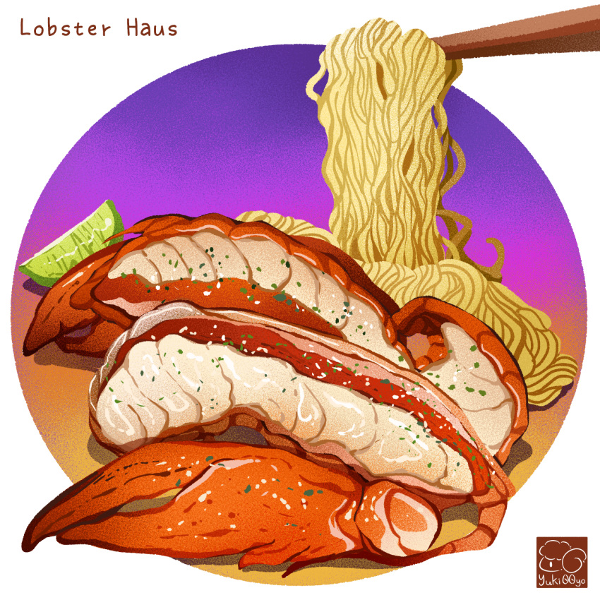 artist_logo chopsticks food food_focus food_name fruit highres lime_(fruit) lime_slice lobster lobster_claw no_humans noodles original ramen seafood yuki00yo