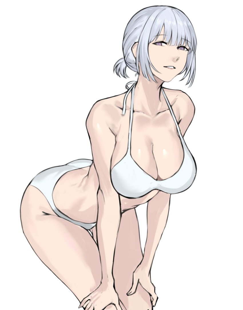 1girl ass bikini breasts cleavage collarbone girls'_frontline grey_hair highres large_breasts looking_at_viewer open_mouth presenting_breasts purple_eyes rpk-16_(girls'_frontline) seilindekos short_hair simple_background smile solo swimsuit white_background white_bikini