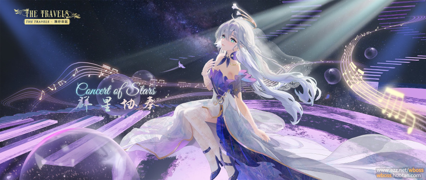 1girl aqua_eyes commentary dress high_heels highres honkai:_star_rail honkai_(series) long_hair musical_note off-shoulder_dress off_shoulder robin_(honkai:_star_rail) short_sleeves sitting solo staff_(music) very_long_hair wboss white_hair