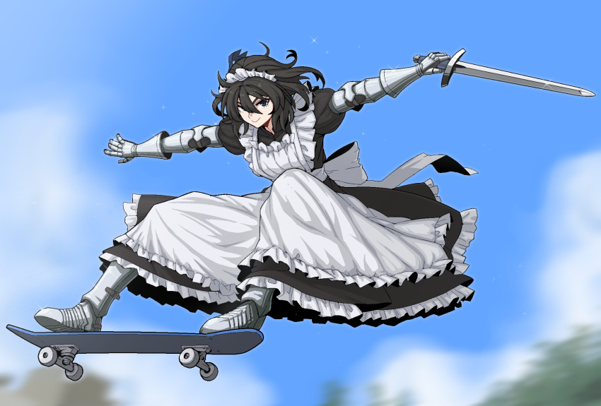 &gt;:) 1girl apron armored_boots back_bow black_dress black_hair blue_eyes boots bow cloud commentary_request dress floating_hair formicid frilled_apron frilled_dress frills full_body gauntlets glint hair_between_eyes highres holding holding_sword holding_weapon long_hair looking_at_viewer maid maid_apron maid_headdress midair mixed-language_commentary original outstretched_arms skateboard skateboarding sky smile solo sword tree v-shaped_eyebrows weapon white_apron