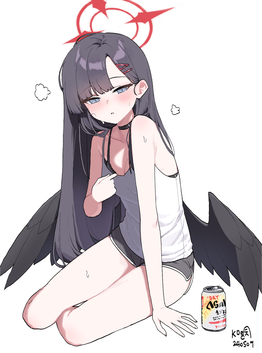 1girl artist_name beer_can black_bra black_hair black_shorts black_wings blue_archive blush bra breasts camisole can cleavage dated dolphin_shorts drink_can grey_camisole grey_eyes hair_ornament hairclip halo highres ichika_(blue_archive) long_hair looking_at_viewer medium_breasts myeolchi parted_lips red_halo shorts signature simple_background solo underwear white_background wings