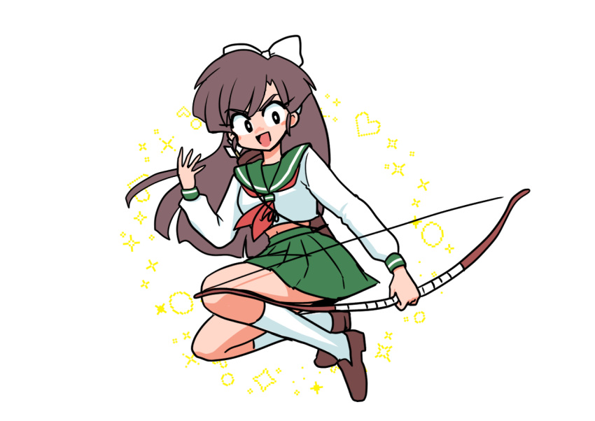 1girl :d bow bow_(weapon) breasts brown_footwear brown_hair chest_bow cosplay full_body furrowed_brow green_sailor_collar green_skirt hair_bow hand_up heart higurashi_kagome higurashi_kagome_(cosplay) holding holding_bow_(weapon) holding_weapon inuyasha kneehighs kuonji_ukyou legs long_hair miniskirt navel navel_peek open_mouth pleated_skirt quiver ranma_1/2 red_bow sailor_collar school_uniform skirt small_breasts smile socks sparkle_background wanta_(futoshi) weapon white_background white_bow white_socks