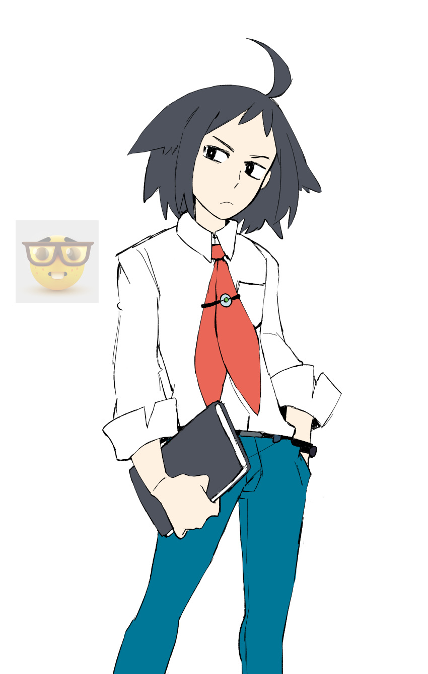 1boy absurdres ahoge black_hair breast_pocket cheren_(pokemon) collared_shirt hand_in_pocket highres holding holding_notebook male_focus necktie nerd_emoji notebook pocket pokemon pokemon_bw2 red_necktie shirt simple_background solo vousser white_background white_shirt