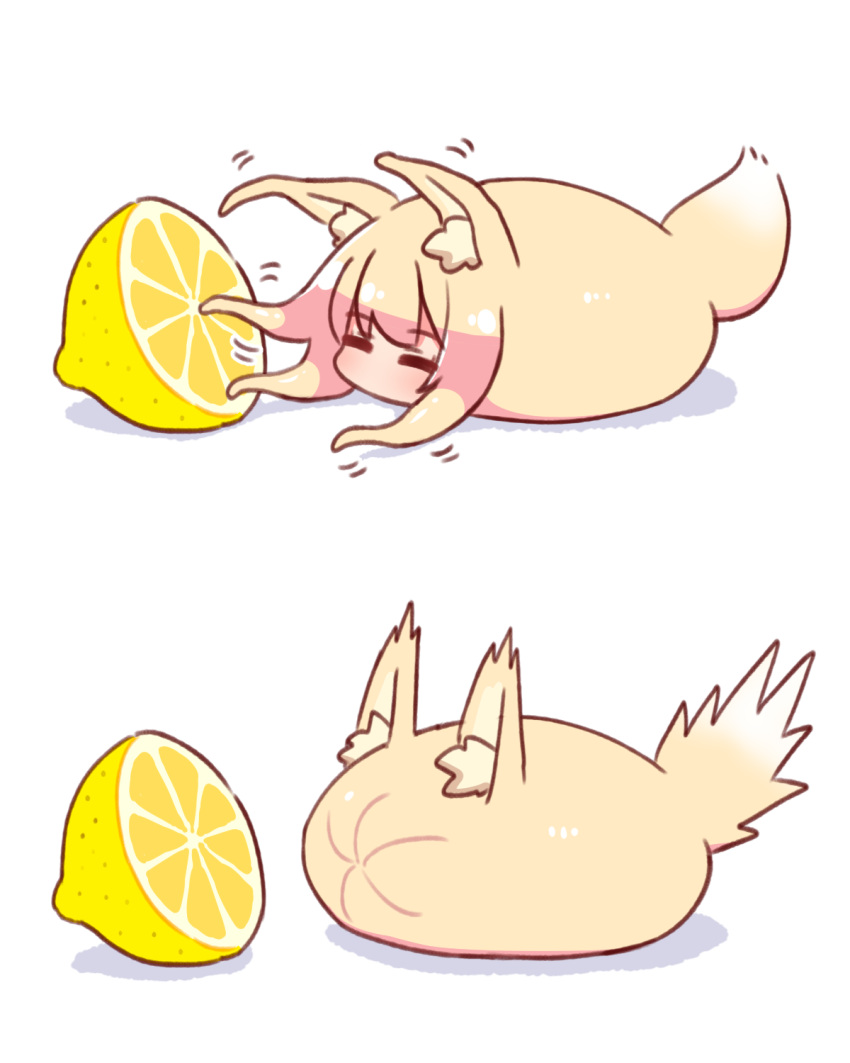 1girl animal_ear_fluff animal_ears blonde_hair closed_eyes food fox_ears fox_girl fox_tail fruit highres kemomimi-chan_(naga_u) lemon multiple_views naga_u original parody simple_background stiff_tail tail white_background