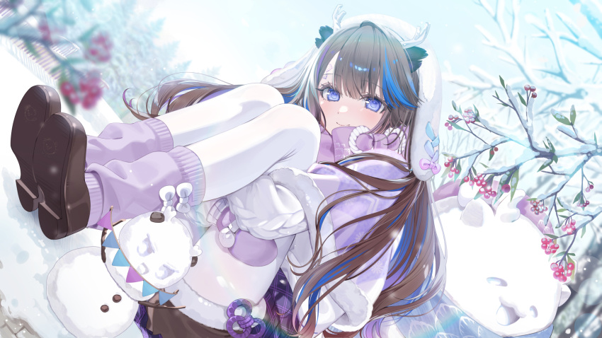 1girl a20_(atsumaru) airi_kanna blue_eyes blue_hair blurry blush boots brown_footwear brown_hair brown_shorts cable_knit capelet closed_mouth depth_of_field detached_hood dot_nose dutch_angle full_body fur-trimmed_capelet fur_trim hair_between_eyes highres hood hood_up hugging_own_legs lens_flare long_hair long_sleeves looking_at_viewer loose_socks multicolored_hair outdoors pantyhose pantyhose_under_shorts pink_scarf plaid plaid_skirt pleated_skirt purple_capelet purple_skirt purple_socks scarf shoe_soles shorts shorts_under_skirt sidelocks skirt smile snow socks solo stellive streaked_hair virtual_youtuber white_hood white_pantyhose winter