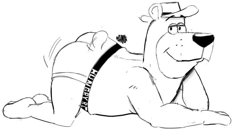 all_fours anthro arm_on_ground bear bedroom_eyes brand brown_bear chest_down_ass_up clothing hands_behind_head hanna-barbera hat headgear headwear hi_res hunter-husky jiggling_butt jockstrap looking_at_viewer male mammal monochrome mostly_nude narrowed_eyes overweight overweight_anthro overweight_male seductive smile smirk solo tail text underwear ursine waistband yogi_bear yogi_bear_(character)