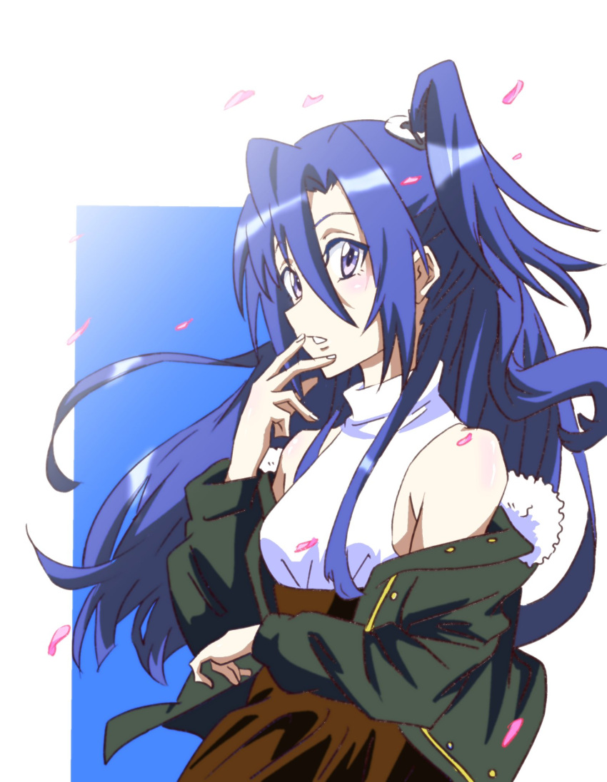 1girl armpit_crease blue_eyes blue_hair breasts brown_skirt falling_petals green_jacket hair_between_eyes hand_on_own_face highres jacket kazanari_tsubasa keeemu_(gouf2016) long_hair off_shoulder open_clothes open_jacket parted_lips petals senki_zesshou_symphogear shirt side_ponytail skirt sleeveless sleeveless_shirt small_breasts solo white_shirt