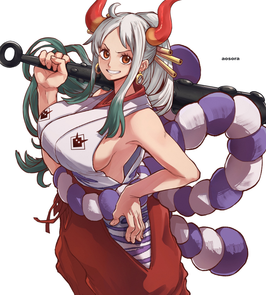 1girl aosora2823 armpits artist_name breasts cleavage earrings gradient_hair green_hair hand_on_own_hip highres holding holding_weapon hoop_earrings horns jewelry large_breasts looking_at_viewer multicolored_hair one_piece ponytail red_eyes red_horns rope shimenawa simple_background smile solo weapon white_background white_hair yamato_(one_piece)