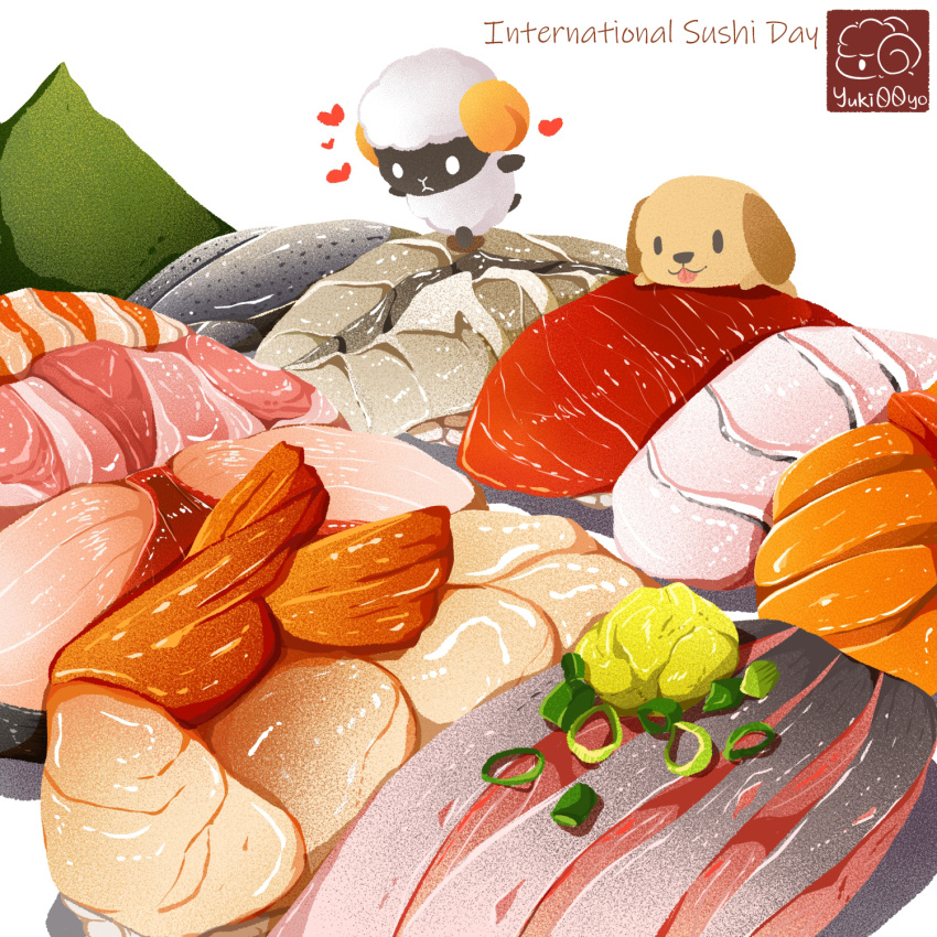 animal artist_logo dog fish_(food) food food_focus heart highres no_humans nori_(seaweed) original rice seafood sheep shrimp sushi undersized_animal white_background yuki00yo