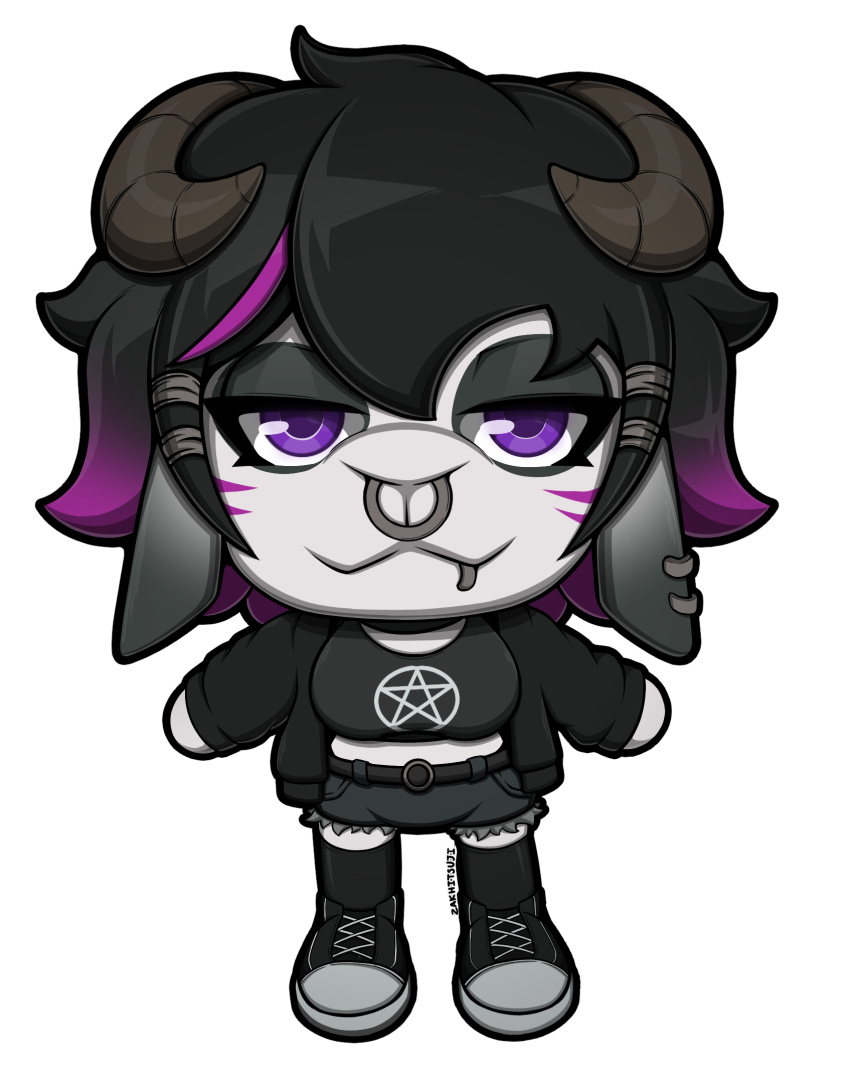 anthro black_hair bottomwear bovid breasts caprine clothing female footwear goat hair hi_res horn jacket mammal plushie shirt shoes shorts solo tai_(zak_hitsuji) topwear white_body zak_hitsuji