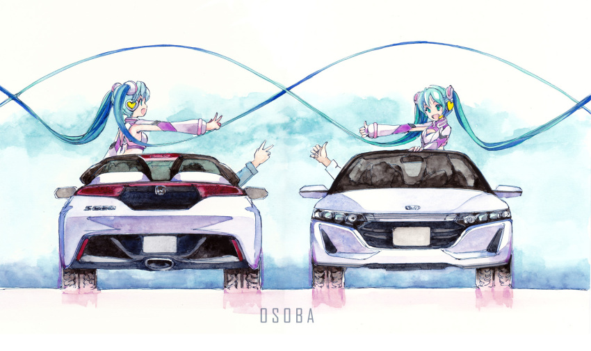 2boys 2girls blue_eyes blue_shirt breasts car clothing_cutout convertible driving dual_persona floating_hair hatsune_miku hi_fumiyo highres honda honda_s660 long_hair looking_at_another looking_at_viewer motor_vehicle multiple_boys multiple_girls shirt shoulder_cutout shrug_(clothing) small_breasts sports_car thumbs_up twintails v vehicle_focus very_long_hair vocaloid white_shirt