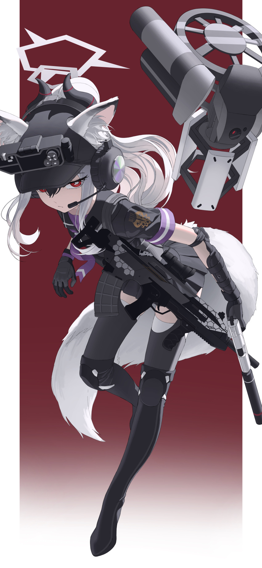 1girl absurdres animal_ear_fluff black_gloves black_skirt black_thighhighs blue_archive closed_mouth drone ears_through_headwear full_body gloves gun handgun headset highres holding holding_gun holding_weapon horns kayoko_(blue_archive) leaning_forward long_hair pleated_skirt ponytail red_eyes rifle rui_(rei_leyi) short_sleeves simple_background skirt solo standing tail thighhighs weapon white_hair