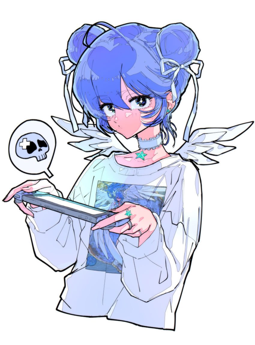 1girl absurdres ahoge black_eyes blue_hair choker double_bun earrings feathered_wings fingernails frilled_choker frills hair_between_eyes hair_bun hair_ribbon handheld_game_console highres holding holding_handheld_game_console jewelry light_blue_hair long_sleeves mini_wings multiple_earrings multiple_rings nintendo_switch original ribbon ring shirt short_hair simple_background solo spoken_skull star_(symbol) star_earrings white_background white_choker white_ribbon white_shirt white_wings wings yosh1to