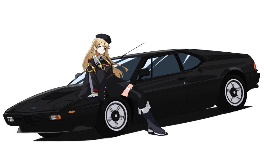 absurdres beret black_beret black_car black_coat blonde_hair bmw bmw_m1 boots car coat commission commissioner_upload girls'_frontline gloves green_eyes hat highres leaning_on_object long_hair looking_at_viewer military_uniform motor_vehicle necktie skeb_commission smile stg44_(girls'_frontline) stg44_(mod3)_(girls'_frontline) thighhighs uniform very_long_hair white_gloves zono_(inokura_syuzo029)