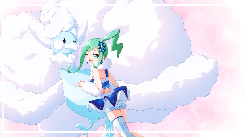 1girl ;d altaria aoi_thomas bangs bare_shoulders blue_skirt blush commentary_request eyebrows_visible_through_hair from_behind fur_collar gen_3_pokemon green_eyes green_hair highres lisia_(pokemon) looking_at_viewer looking_back mega_altaria mega_pokemon one_eye_closed open_mouth pleated_skirt pokemon pokemon_(creature) ponytail short_shorts shorts sidelocks single_thighhigh skirt smile striped striped_legwear thighhighs white_shorts