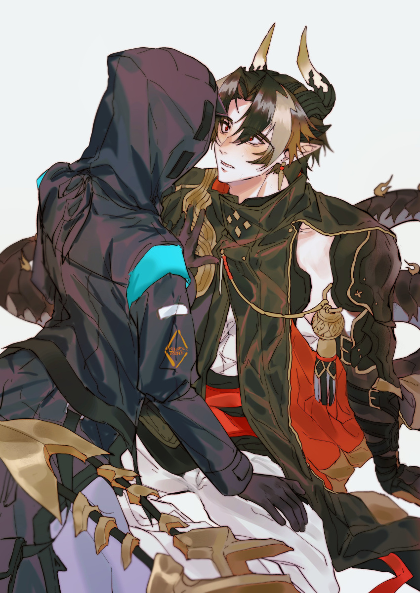 1boy 1other absurdres ambiguous_gender arknights armor black_cloak black_coat black_gloves black_hair blonde_hair brown_hair chinese_clothes chong_yue_(arknights) cloak coat collared_cloak commentary_request doctor_(arknights) dragon_boy dragon_horns dragon_tail earrings facing_another gloves gradient_hair hand_on_another's_chest hand_on_another's_leg high_collar highres hood hood_up hooded_coat horns jewelry korean_commentary long_hair looking_at_another low_ponytail multicolored_hair open_mouth pants pauldrons pointy_ears red_eyes rerebrace shoulder_armor single_pauldron sitting sleeveless slit_pupils streaked_hair tail very_long_tail walhee221