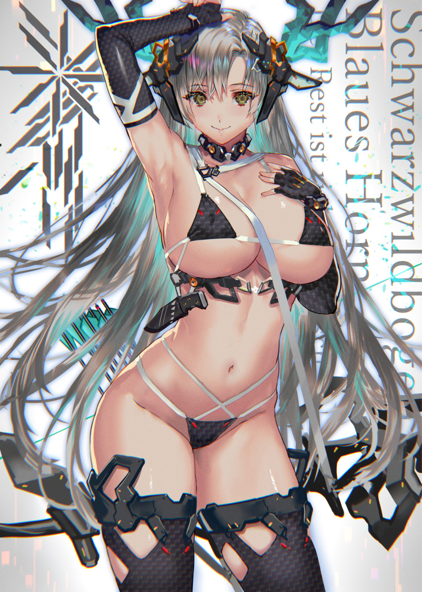 1girl arm_up armpits arrow_(projectile) bangs bikini black_bikini black_gloves black_legwear bow_(weapon) breasts cleavage collar collarbone commentary_request elbow_gloves eyebrows_visible_through_hair fingerless_gloves german_text gloves headgear highres horns knife knife_holster large_breasts long_hair looking_at_viewer micro_bikini multi-strapped_bikini navel original parted_bangs ran'ou_(tamago_no_kimi) smile solo swimsuit thighhighs weapon yellow_eyes