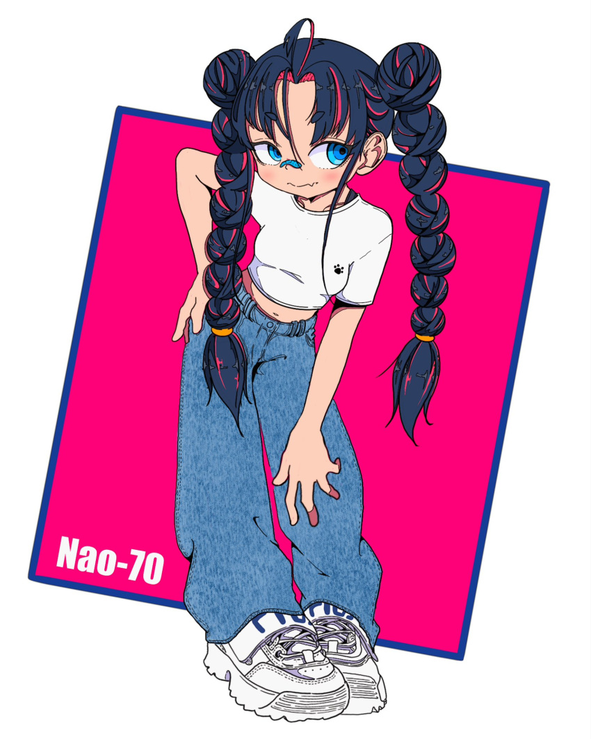 1girl artist_name bandaid bandaid_on_face bandaid_on_nose blue_eyes blue_pants braid breasts closed_mouth cropped_shirt denim full_body hand_on_own_hip highres jeans looking_at_viewer midriff multicolored_hair nao97122 navel original outside_border pants parted_bangs shirt shoes short_sleeves small_breasts sneakers solo standing streaked_hair twin_braids white_footwear white_shirt