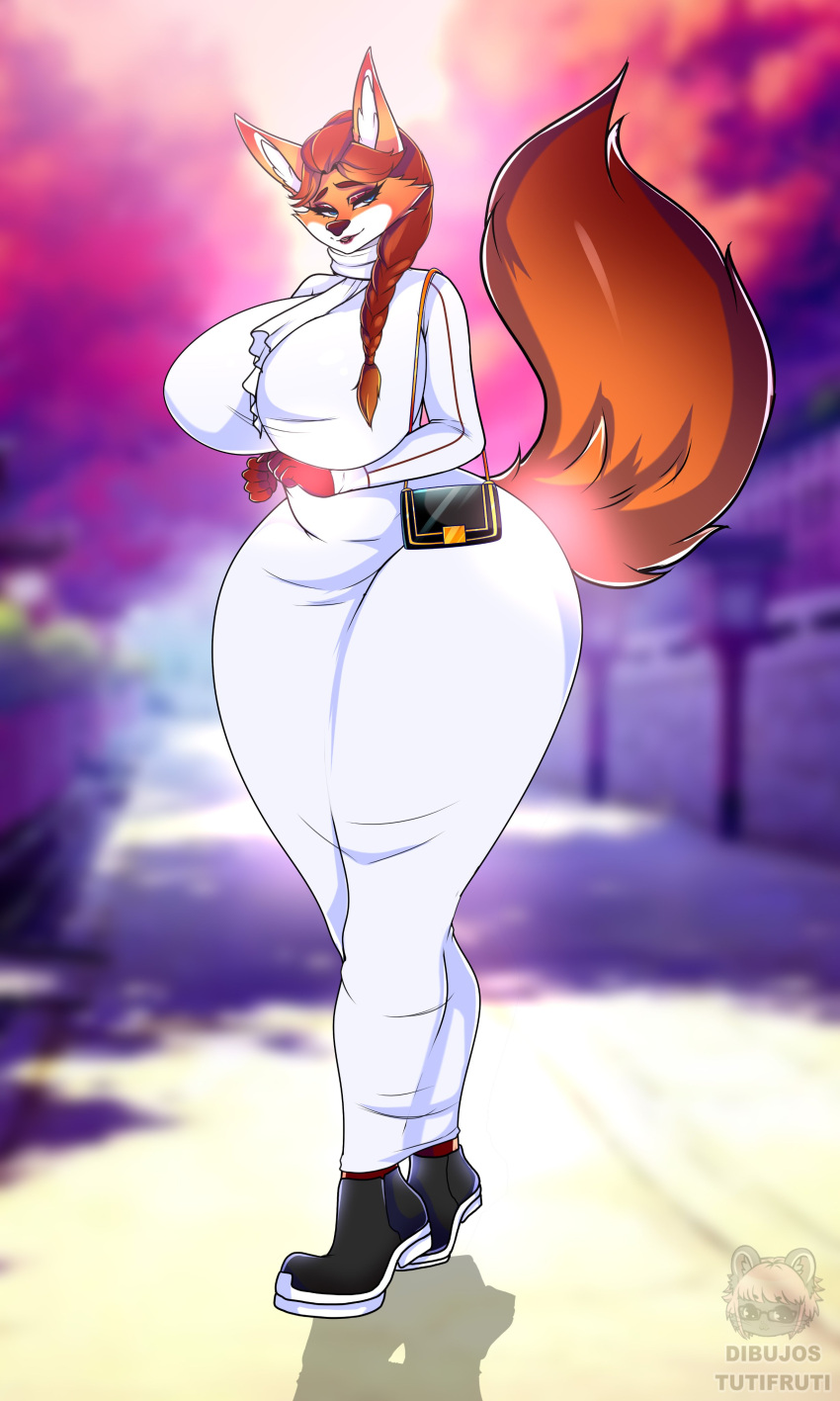 absurd_res anthro big_breasts braided_hair breasts canid canine clothing crossgender dress female fox hair hi_res mammal outside solo tight_clothing tutifruti_(artist) wide_hips