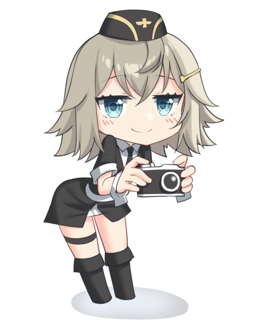 1girl black_footwear black_hat black_jacket black_necktie blonde_hair blue_eyes boots camera chibi closed_mouth commentary crossed_bangs english_commentary full_body garrison_cap girls'_frontline hair_between_eyes hair_ornament hairclip hat highres holding holding_camera jacket leaning_forward light_blush looking_at_viewer military_uniform mp41_(girls'_frontline) necktie rynzfrancis shadow shirt short_hair short_sleeves simple_background skirt smile solo standing uniform white_background white_shirt white_skirt white_wrist_cuffs wrist_cuffs