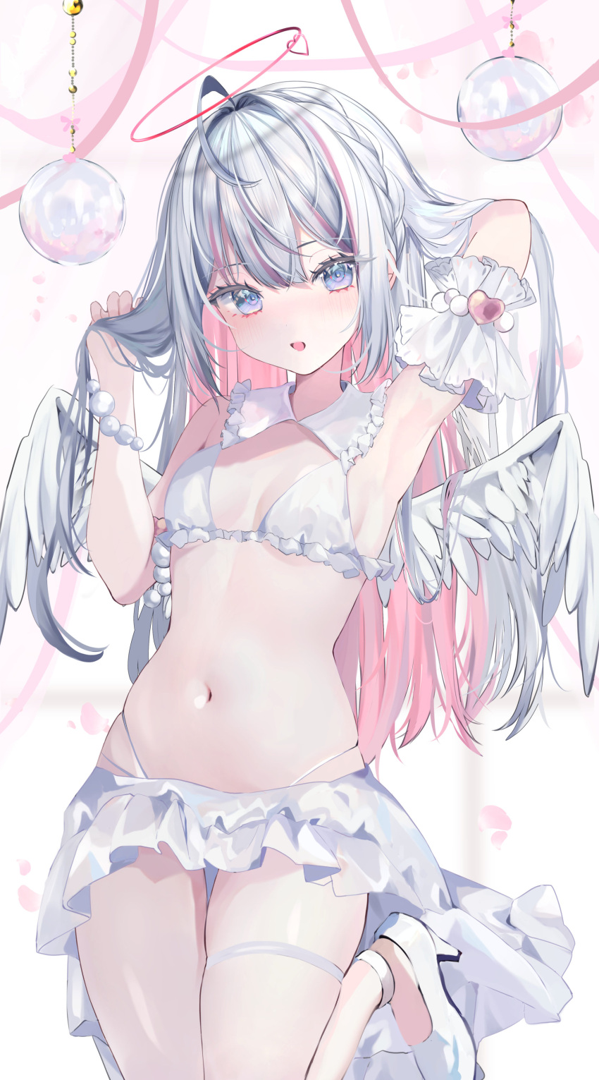 1girl absurdres arm_up bikini blush breasts commentary feathered_wings frilled_bikini frills grey_eyes grey_hair halo hand_in_own_hair high_heels highleg highleg_bikini highres holding holding_hair indie_virtual_youtuber long_hair looking_at_viewer moemoepiano multicolored_hair navel official_art otonoha_moe parted_lips petals pink_hair shoes skindentation small_breasts solo swimsuit two-tone_hair very_long_hair virtual_youtuber white_background white_bikini white_footwear white_wings wings