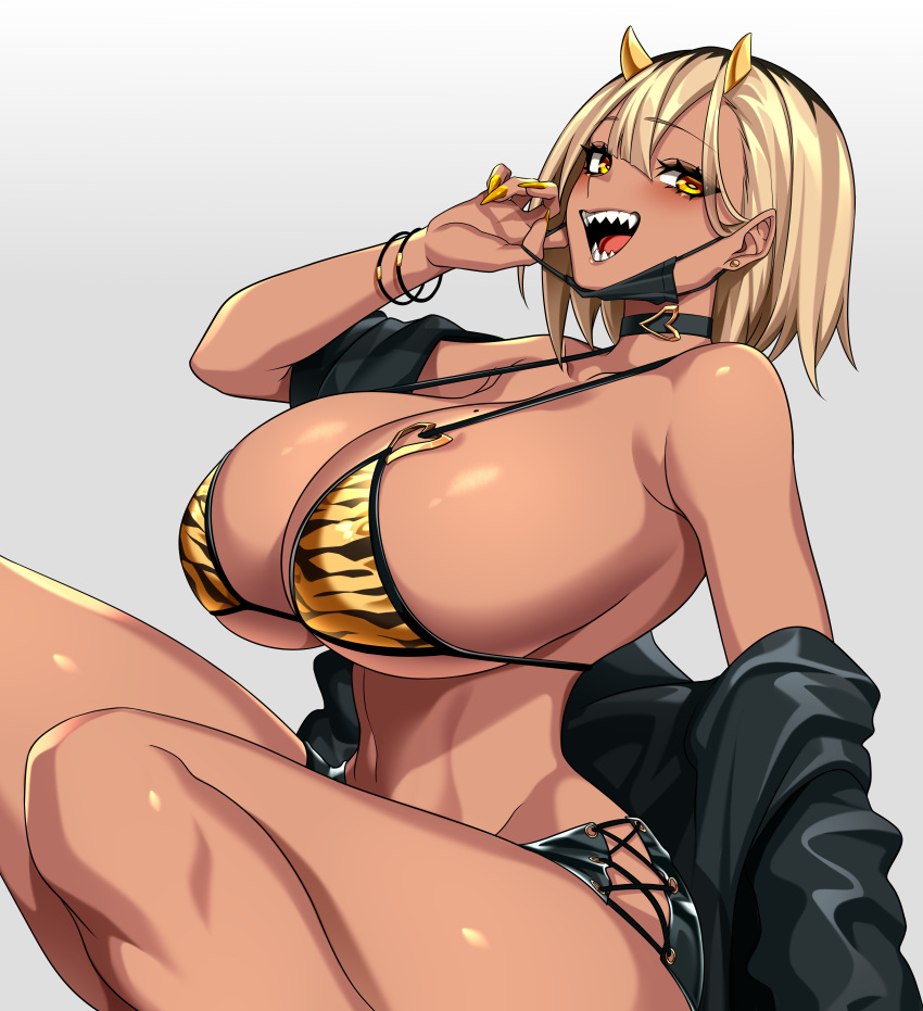 1girl absurdres animal_print black_choker black_shirt black_shorts black_skirt blonde_hair bracelet breasts choker claw_pose cleavage commentary_request dark-skinned_female dark_skin demon_girl demon_horns gold_nails gold_necklace gyaru hair_ornament highres horns huge_breasts hz_(666v) jewelry mask mask_pull mole mole_on_breast mouth_mask necklace off_shoulder open_clothes open_hand open_shirt original paid_reward_available sharp_teeth shirt shorts sitting skirt teeth tiger_print tiger_stripes