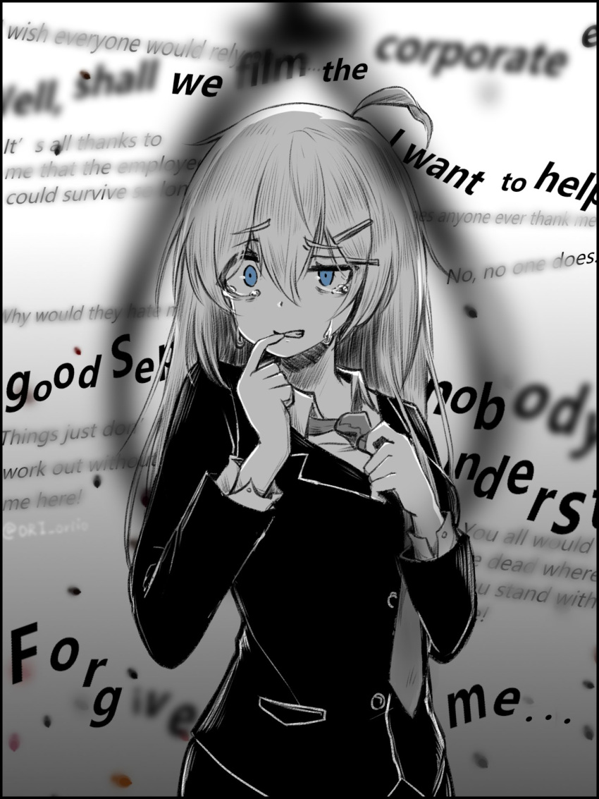 1girl blue_eyes blurry blurry_foreground collared_shirt crying crying_with_eyes_open english_text finger_to_mouth formal greyscale hair_between_eyes half-closed_eye hands_up highres hod_(project_moon) jacket lobotomy_corporation long_sleeves monochrome necktie nervous noose ori_oriio project_moon shirt solo spot_color tears upper_body