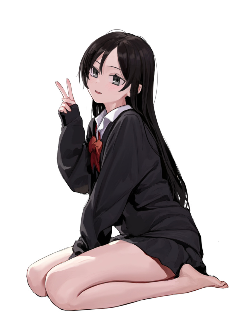 1girl bare_legs barefoot batiao_zhai between_legs black_eyes black_hair black_jacket black_skirt bow bowtie full_body hair_between_eyes hand_between_legs hand_on_floor highres jacket long_hair looking_at_viewer mushoku_tensei nanahoshi_shizuka open_mouth red_bow red_bowtie school_uniform shirt simple_background sitting skirt solo v wariza white_background white_shirt