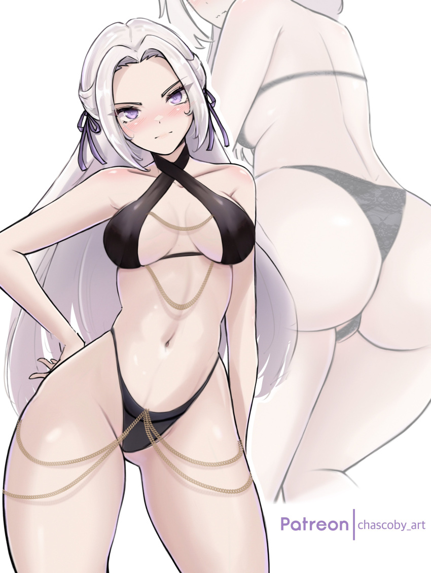 1girl absurdres ass ass_visible_through_thighs bikini black_bikini blush breasts cameltoe chascoby contrapposto edelgard_von_hresvelg fire_emblem fire_emblem:_three_houses hair_ribbon highres long_hair looking_at_viewer medium_breasts multiple_views navel patreon_username purple_eyes ribbon stomach swimsuit thighs very_long_hair white_hair wide_hips yomorio_lingerie