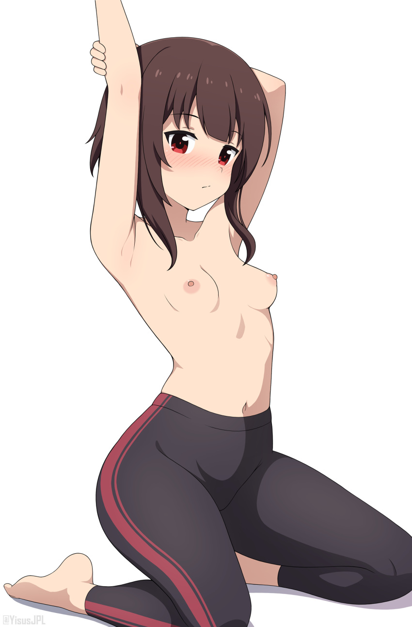 1girl absurdres alternate_costume arm_behind_head arm_up barefoot black_pants blunt_bangs blush breasts brown_hair closed_mouth collarbone commentary highres kneeling kono_subarashii_sekai_ni_shukufuku_wo! legs looking_at_viewer megumin navel nipples paid_reward_available pants red_eyes short_hair_with_long_locks simple_background small_breasts solo sportswear stretching toes topless white_background yisusjpl yoga_pants