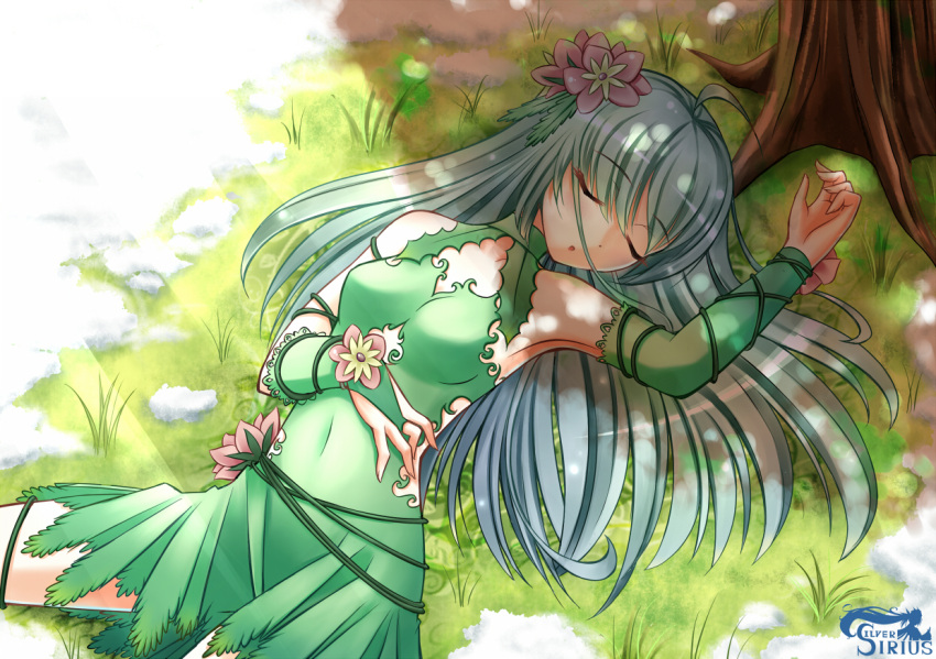 1girl arm_up bridal_gauntlets closed_eyes covered_navel dress flower gloves grass grey_hair hair_flower hair_ornament halterneck hand_on_own_stomach light_rays logo long_hair lying on_back original parted_lips plant silversirius sleeping snow solo sunlight tree very_long_hair vines