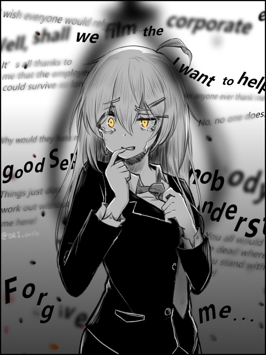 1girl blurry blurry_foreground collared_shirt crying crying_with_eyes_open english_text finger_to_mouth formal greyscale hair_between_eyes half-closed_eye hands_up highres hod_(project_moon) jacket lobotomy_corporation long_sleeves monochrome necktie nervous noose ori_oriio project_moon shirt solo spot_color tears upper_body yellow_eyes