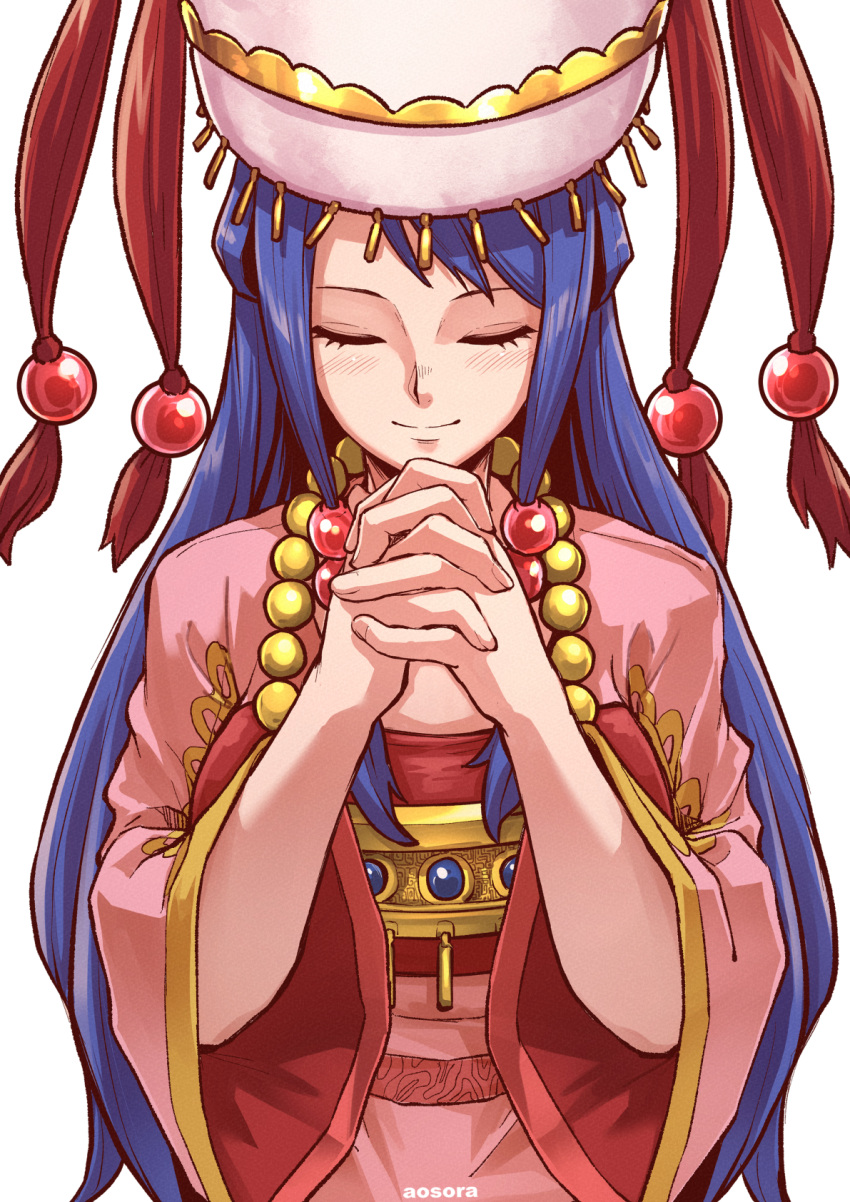 1girl aosora2823 blue_hair blush closed_eyes closed_mouth commentary fingernails hat highres interlocked_fingers jacket long_hair long_sleeves maya_(one_piece) one_piece own_hands_together pink_jacket praying simple_background smile solo white_background white_hat