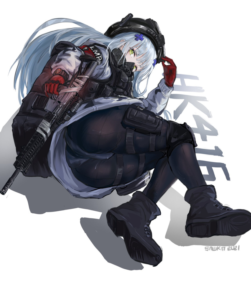1girl ass assault_rifle backpack bag boots fang_hk416_(girls_frontline) gas_mask girls_frontline gloves green_eyes gun h&amp;k_hk416 hair_ornament helmet highres hk416_(girls_frontline) last_man_battalion long_hair long_sleeves looking_at_viewer lying military official_alternate_costume on_side panties panties_under_pantyhose pantyhose red_gloves rifle rogue_division_agent sawkm1 silver_hair thigh_pouch tom_clancy's_the_division underwear uniform weapon white_background winter_uniform