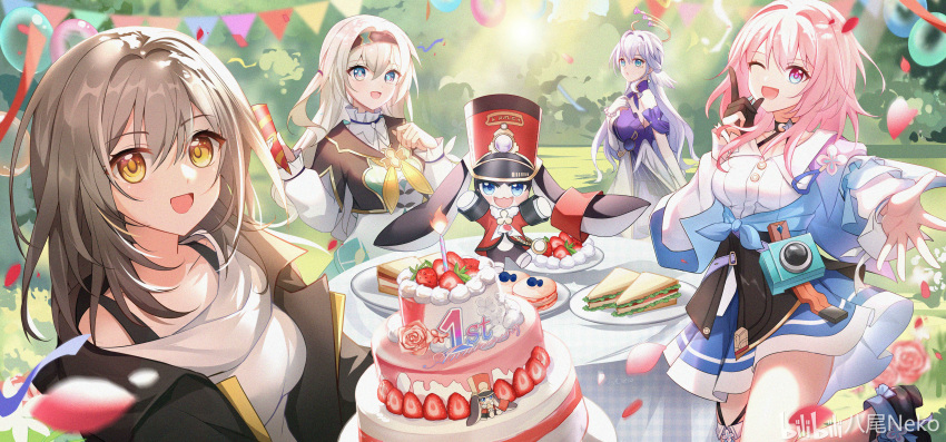 1other 4girls absurdres bad_link birthday_cake black_gloves black_hairband black_jacket blue_skirt cake firefly_(honkai:_star_rail) food gloves grey_hair hair_between_eyes hairband halo hand_on_own_chest head_wings highres honkai:_star_rail honkai_(series) index_finger_raised jacket long_hair long_sleeves looking_at_viewer march_7th_(honkai:_star_rail) medium_hair multiple_girls non-web_source one_eye_closed open_clothes open_jacket open_mouth outdoors partially_fingerless_gloves pink_hair pom-pom_(honkai:_star_rail) robin_(honkai:_star_rail) shirt skirt smile stelle_(honkai:_star_rail) trailblazer_(honkai:_star_rail) white_shirt wings yaoneko yellow_eyes