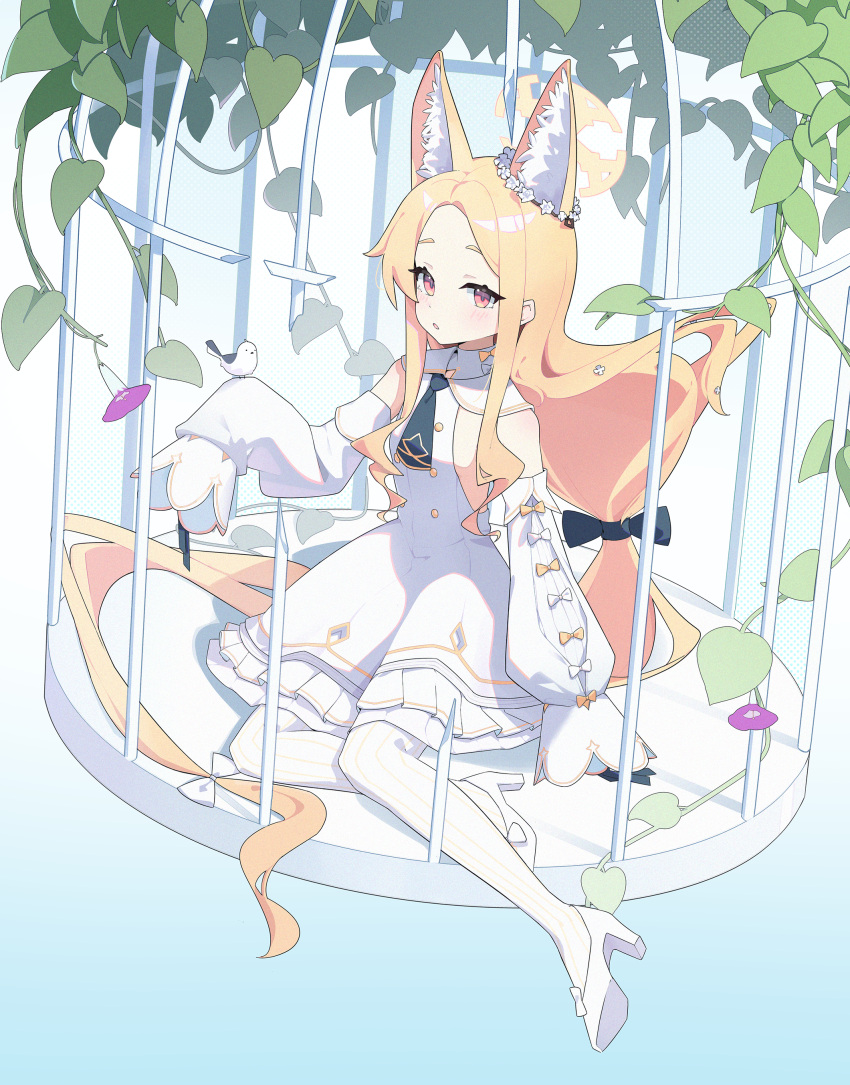 1girl absurdres animal animal_ear_fluff animal_ears bare_shoulders bird blonde_hair blue_archive blush breasts commentary detached_sleeves dress e_li_(77864296) extra_ears flower fox_ears full_body halo high_heels highres leaf long_hair morning_glory pantyhose parted_lips purple_flower seia_(blue_archive) sleeves_past_fingers sleeves_past_wrists small_breasts solo striped_clothes striped_pantyhose symbol-only_commentary vertical-striped_clothes vertical-striped_pantyhose white_bird white_dress white_footwear white_pantyhose yellow_eyes yellow_halo