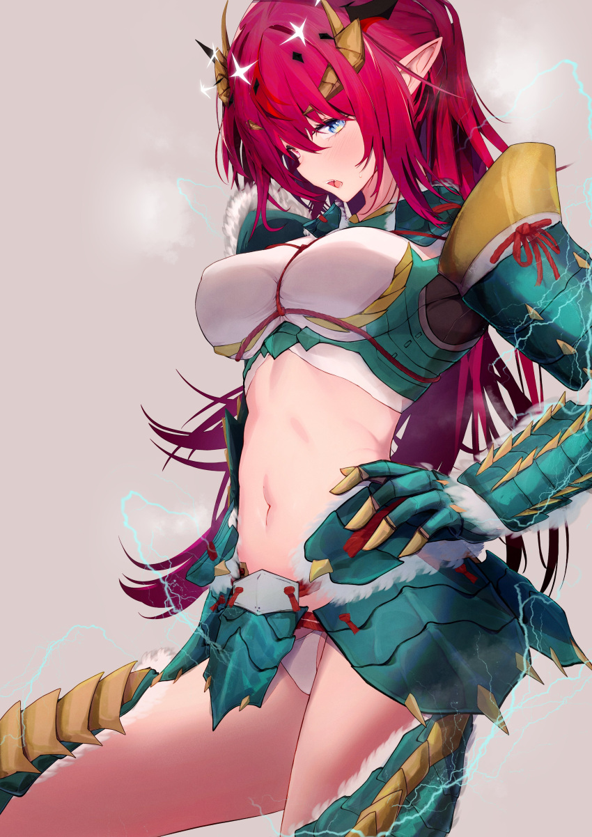 1girl absurdres armor armored_gloves blue_eyes blush breasts cowboy_shot crop_top electricity from_side fur-trimmed_armor fur_trim getto green_armor grey_background heterochromia highres hololive hololive_english irys_(hololive) large_breasts long_hair looking_at_viewer midriff monster_hunter_(series) navel open_mouth panties panty_peek pointy_ears red_eyes red_hair shoulder_armor simple_background solo sparkle stomach sweat teeth underwear upper_teeth_only virtual_youtuber white_panties zinogre_(armor)