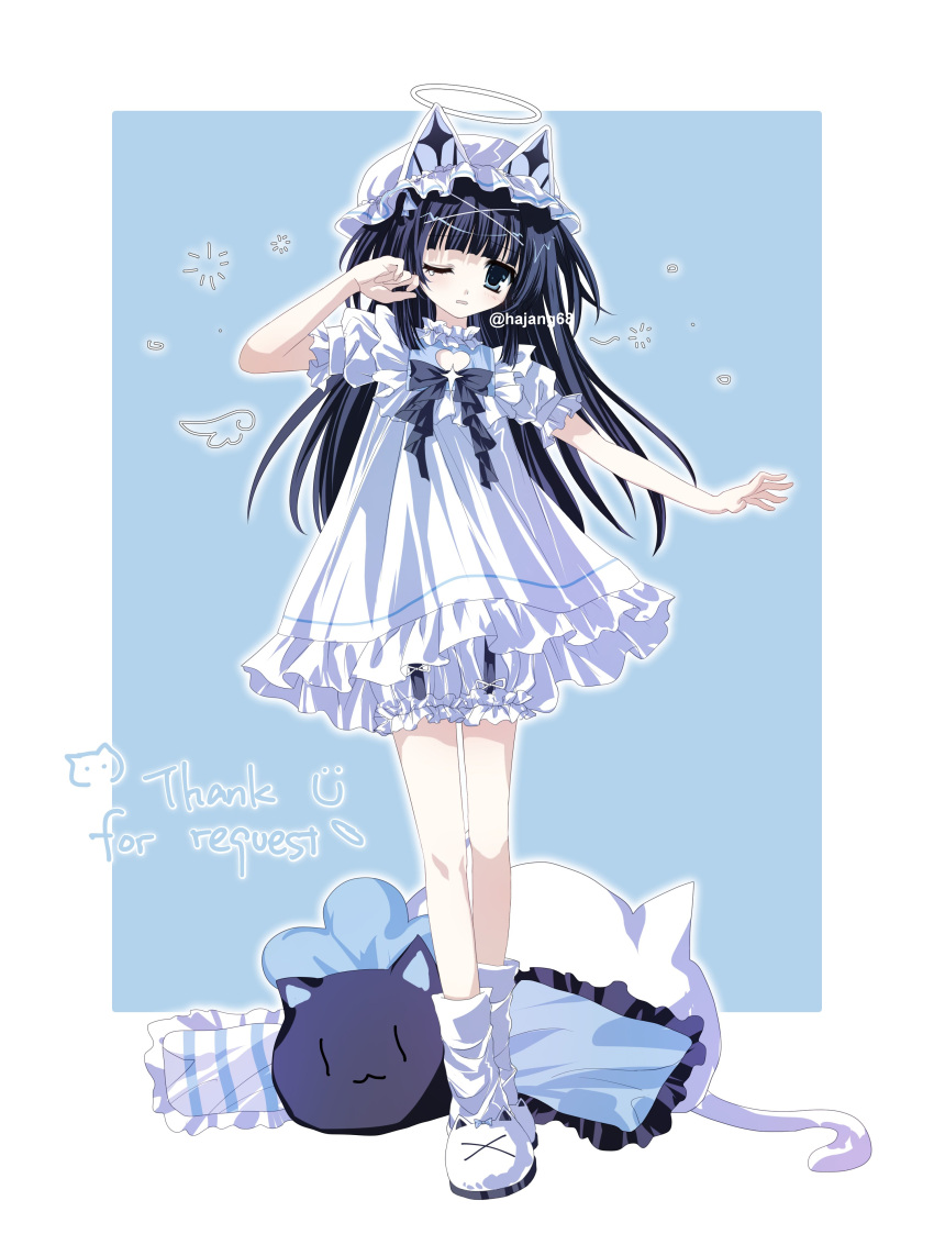 1girl absurdres animal-shaped_pillow animal_ear_headwear animal_ears animal_slippers black_hair bloomers blue_background border cat_ears clothing_cutout commission drawn_wings dress frilled_dress frilled_pillow frills full_body hajang68 halo hand_up hat heart_cutout highres long_hair looking_at_viewer loose_socks mob_cap one_eye_closed original outside_border parted_lips pillow puffy_short_sleeves puffy_sleeves short_dress short_sleeves sleepy slippers socks solo squeans standing straight_hair twitter_username watermark white_bloomers white_border white_dress white_footwear white_hat white_socks