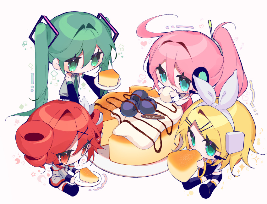 4girls blonde_hair blue_eyes blue_hair blueberry bow_hairband cake chibi commentary crop_top detached_sleeves drill_hair eating food fruit hair_ornament hairband hairclip hatsune_miku headphones headset highres kagamine_rin kasane_teto kasane_teto_(sv) long_sleeves mini_person minigirl modohwa multiple_girls pink_hair plate ponytail red_eyes red_hair shirt shorts sitting sleeveless sleeveless_shirt synthesizer_v twin_drills twintails uni_(vocaloid) utau vocaloid wrist_cuffs