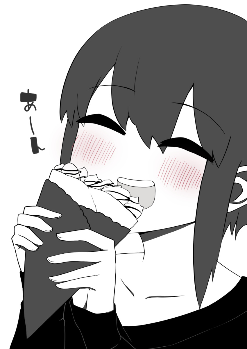 1girl :d ^_^ bangs blush closed_eyes collarbone crepe eyebrows_visible_through_hair fate/prototype fate/prototype:_fragments_of_blue_and_silver fate_(series) food hair_between_eyes hands_up hassan_of_serenity_(fate) highres holding holding_food i.u.y long_sleeves monochrome open_mouth shirt simple_background sleeves_past_wrists smile solo translation_request upper_body upper_teeth white_background