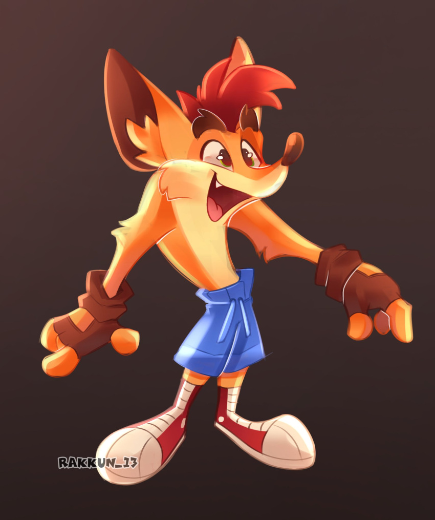 2022 activision anthro artist_name bandicoot biped blue_bottomwear blue_clothing blue_pants bottomwear brown_nose clothed clothing crash_bandicoot crash_bandicoot_(series) eyebrows fangs fingerless_gloves footwear fur gloves green_eyes hair handwear hi_res inner_ear_fluff male mammal marsupial mohawk open_mouth open_smile orange_body orange_fur pants rakkun13 red_clothing red_footwear red_hair red_shoes shoes simple_background smile solo teeth topless topless_anthro topless_male tuft