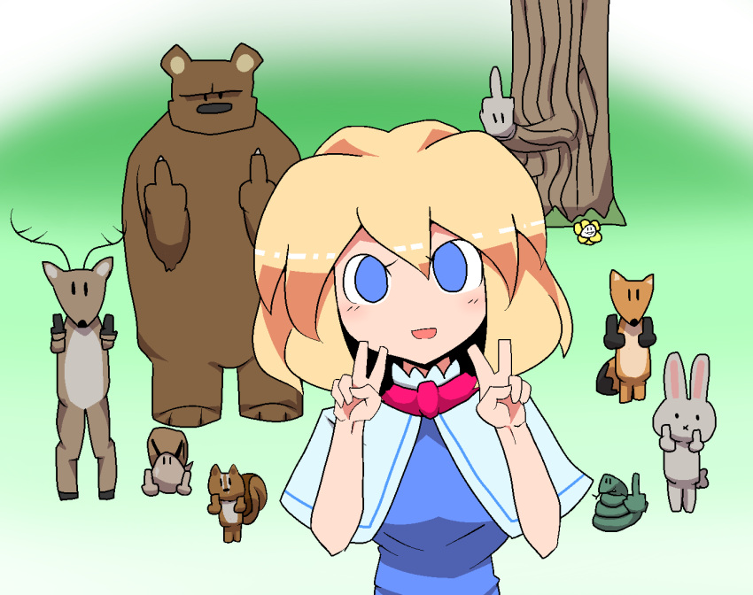 alice_margatroid ambiguous_gender animate_inanimate bear canid canine cookie_(touhou) deer female feral flower flowey_the_flower fox fuckin_animal gastropod gesture green_background group hand_gesture human kosokoso lagomorph leporid mammal middle_finger mollusk plant rabbit reptile rodent scalie sciurid simple_background snail snake touhou tree tree_squirrel undertale undertale_(series) v_sign web_(cookie)