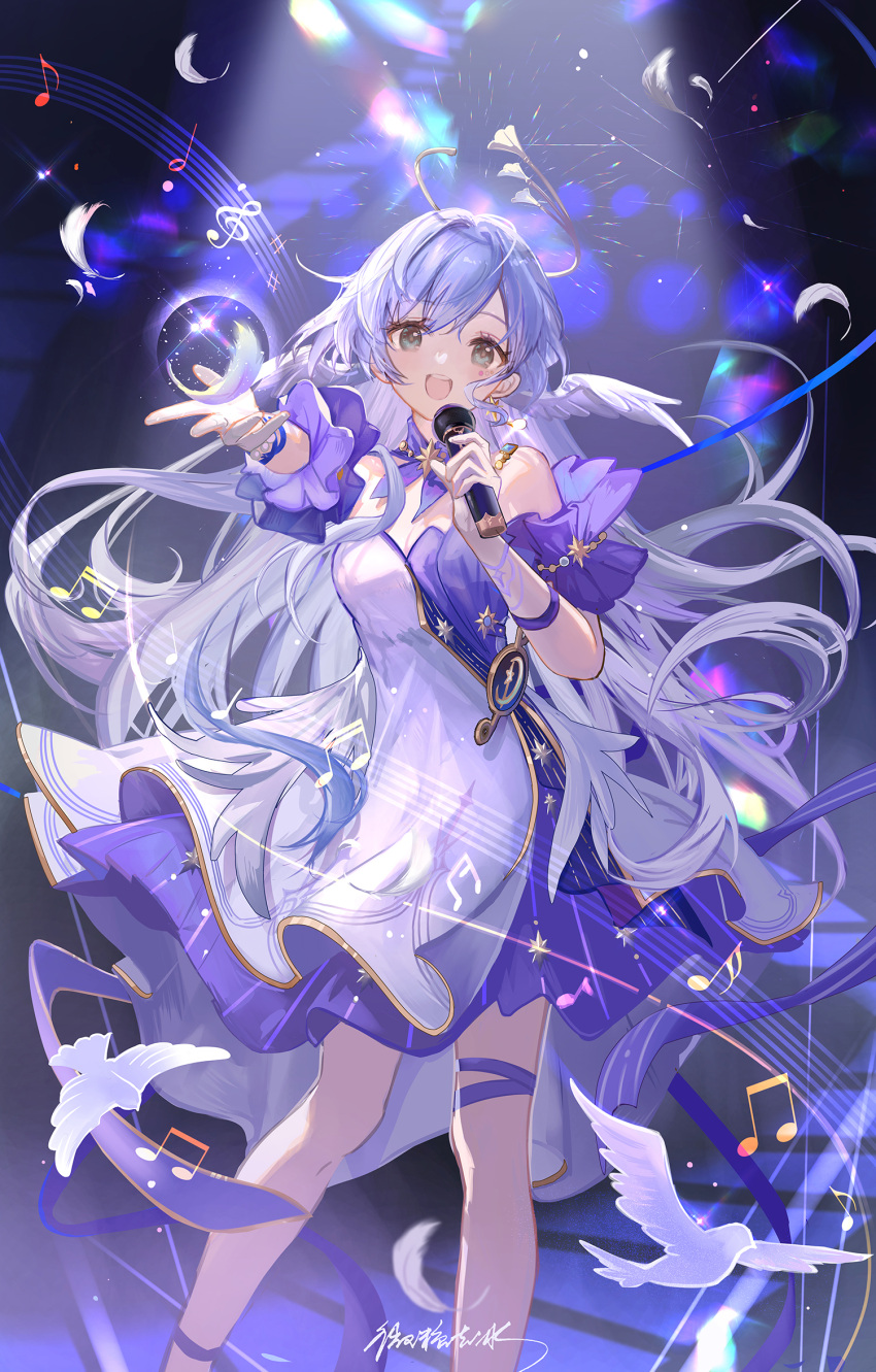 1girl aqua_eyes bare_shoulders bird detached_sleeves earrings falling_feathers feathers floating_hair gloves hair_between_eyes halo highres holding holding_microphone honkai:_star_rail honkai_(series) issign jewelry long_hair looking_at_viewer microphone music musical_note open_mouth reaching reaching_towards_viewer robin_(honkai:_star_rail) short_sleeves singing smile solo standing teeth upper_teeth_only white_gloves white_wings wings