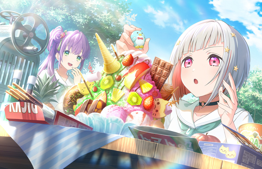 2girls :d :o apple aqua_neckerchief bird biscuit_(bread) black_choker blue_sky bob_cut brand_name_imitation candy chocolate chocolate_bar choker colored_inner_hair diagonal_bangs doughnut dress flower food fruit game_cg green_eyes grey_hair hair_bun hair_flower hair_ornament hasu_no_sora_school_uniform highres holding ice_cream ice_cream_cone ice_cream_scoop ice_shaver inverted_bob kiwi_(fruit) kiwi_slice link!_like!_love_live! lone_nape_hair long_hair love_live! marshmallow multicolored_hair multiple_girls neckerchief o-ring o-ring_choker official_art open_mouth otomune_kozue penguin pineapple pineapple_slice pink_eyes plate pocky purple_hair red_flower red_hair sailor_collar sailor_dress school_uniform shaved_ice short_hair short_sleeves side_ponytail sidelocks single_side_bun sky smile star_(symbol) star_hair_ornament strawberry streaked_hair summer_uniform syrup taiyaki teeth third-party_source tree upper_teeth_only v-shaped_eyebrows virtual_youtuber wagashi whipped_cream white_dress white_sailor_collar yugiri_tsuzuri