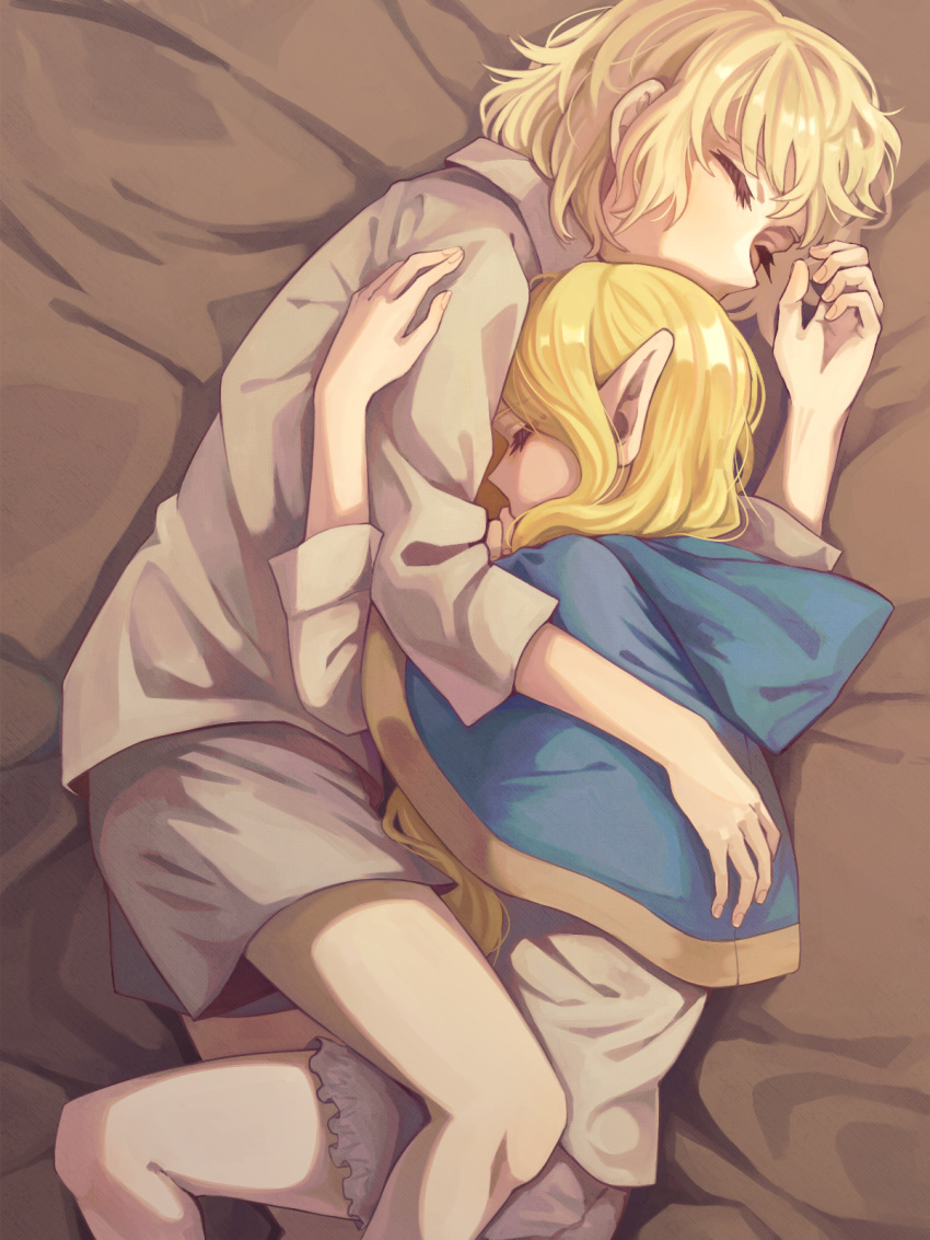 2girls blonde_hair blue_capelet capelet closed_eyes collared_shirt commentary cuddling doki_(oox3o) dungeon_meshi elf falin_touden falin_touden_(tallman) from_above highres long_hair long_sleeves lying marcille_donato multiple_girls on_bed on_side pointy_ears shirt short_hair shorts sleeping white_shirt white_shorts yuri