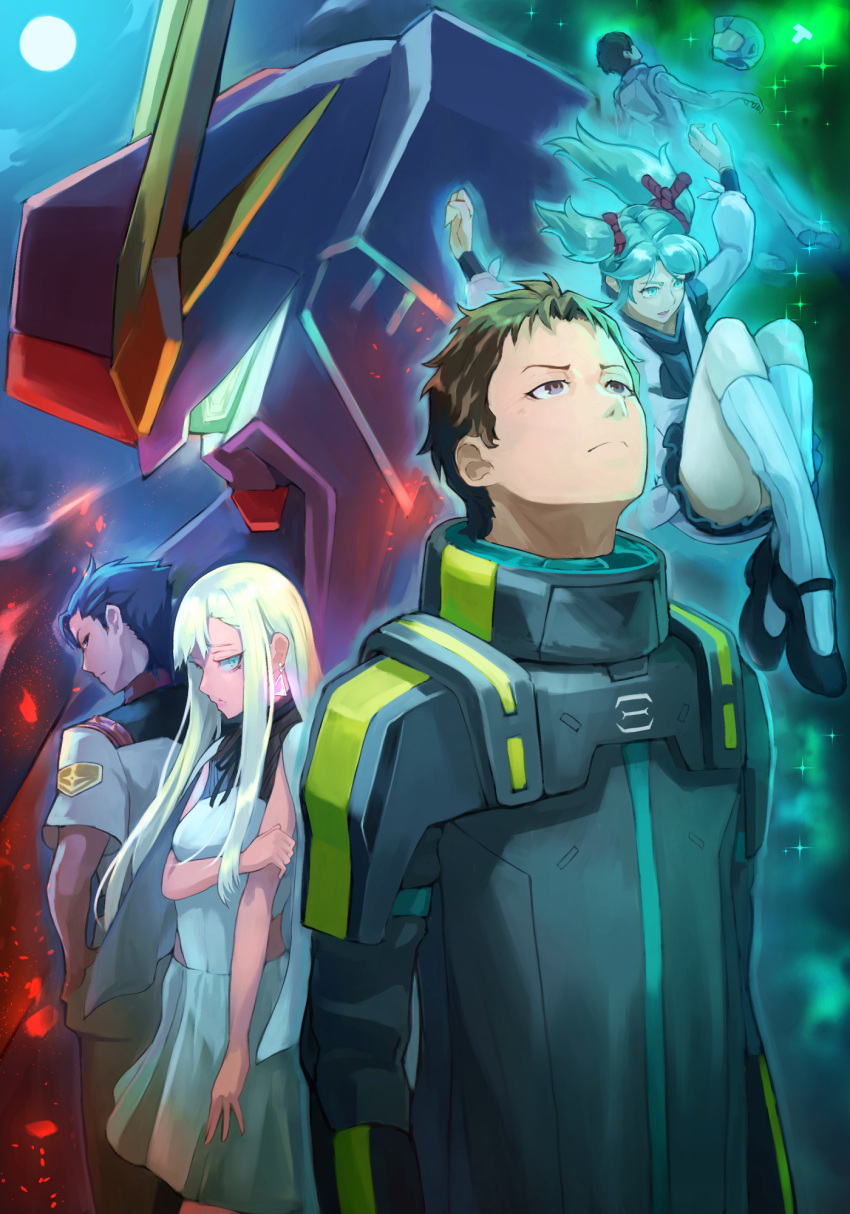 2girls 3boys amuro_ray aqua_eyes aqua_hair black_hair blonde_hair breasts brown_hair commentary earrings earth_federation full_moon gigi_andalusia glowing glowing_eyes green_eyes gundam gundam_hathaway's_flash harnetyss hathaway_noa helmet highres jewelry kenneth_sleg light_particles long_hair mecha mobile_suit moon multiple_boys multiple_girls pilot_suit psycho_frame quess_paraya robot short_hair small_breasts sparkle straight_hair triangle_earrings twintails upper_body v-fin xi_gundam