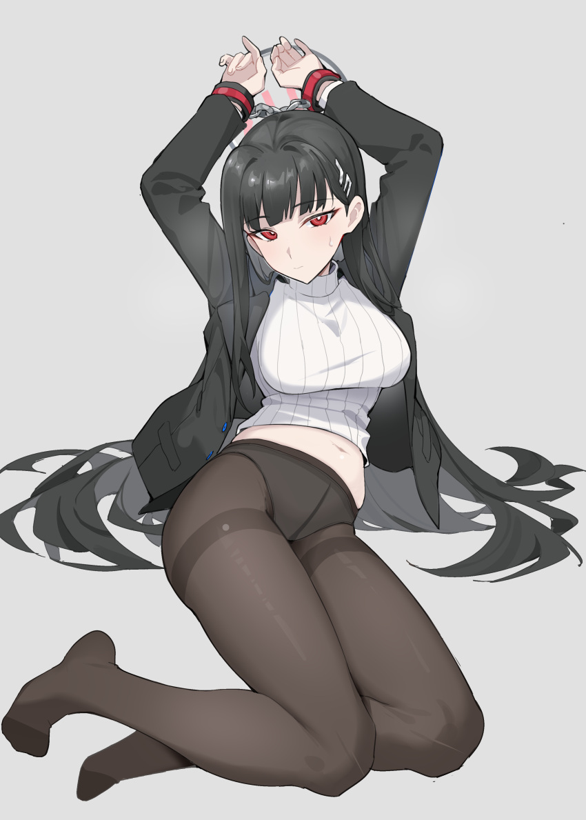 1girl absurdres arms_up black_hair black_halo black_pantyhose black_suit blue_archive bound bound_wrists breasts bright_pupils cuffs full_body hair_ornament hairclip halo highres jacket large_breasts legs navel no_pants no_shoes open_clothes open_jacket pantyhose red_eyes ribbed_sweater rio_(blue_archive) shackles sitting suit sweater tamago_(eva1314056) turtleneck turtleneck_sweater white_pupils yokozuwari