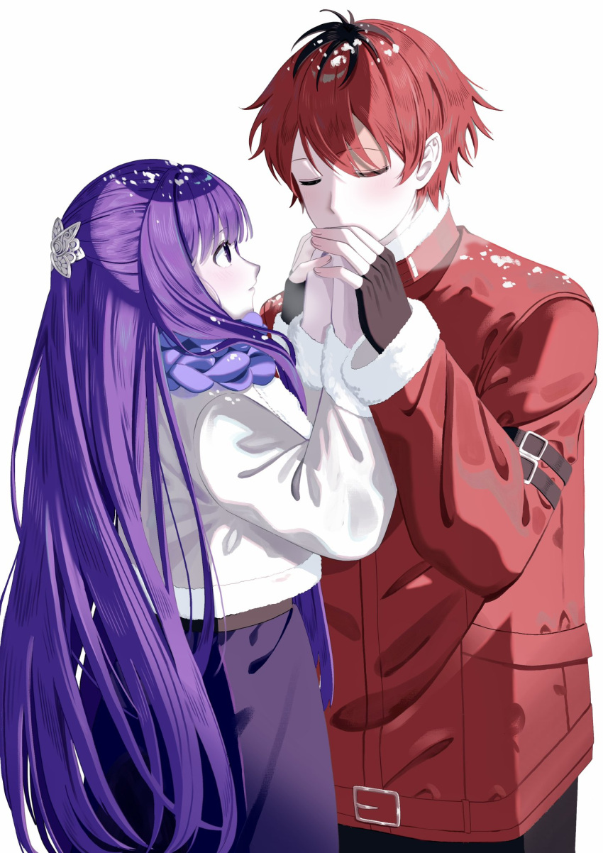 1boy 1girl black_hair blunt_bangs blush breath closed_eyes coat commentary cupping_hands fern_(sousou_no_frieren) fingerless_gloves from_side gloves hetero highres long_hair long_sleeves looking_at_another multicolored_hair nostresstuna own_hands_together profile purple_eyes purple_hair purple_pupils red_coat red_hair roots_(hair) scarf short_hair simple_background snow sousou_no_frieren stark_(sousou_no_frieren) straight_hair upper_body very_long_hair warming_hands white_background white_scarf winter